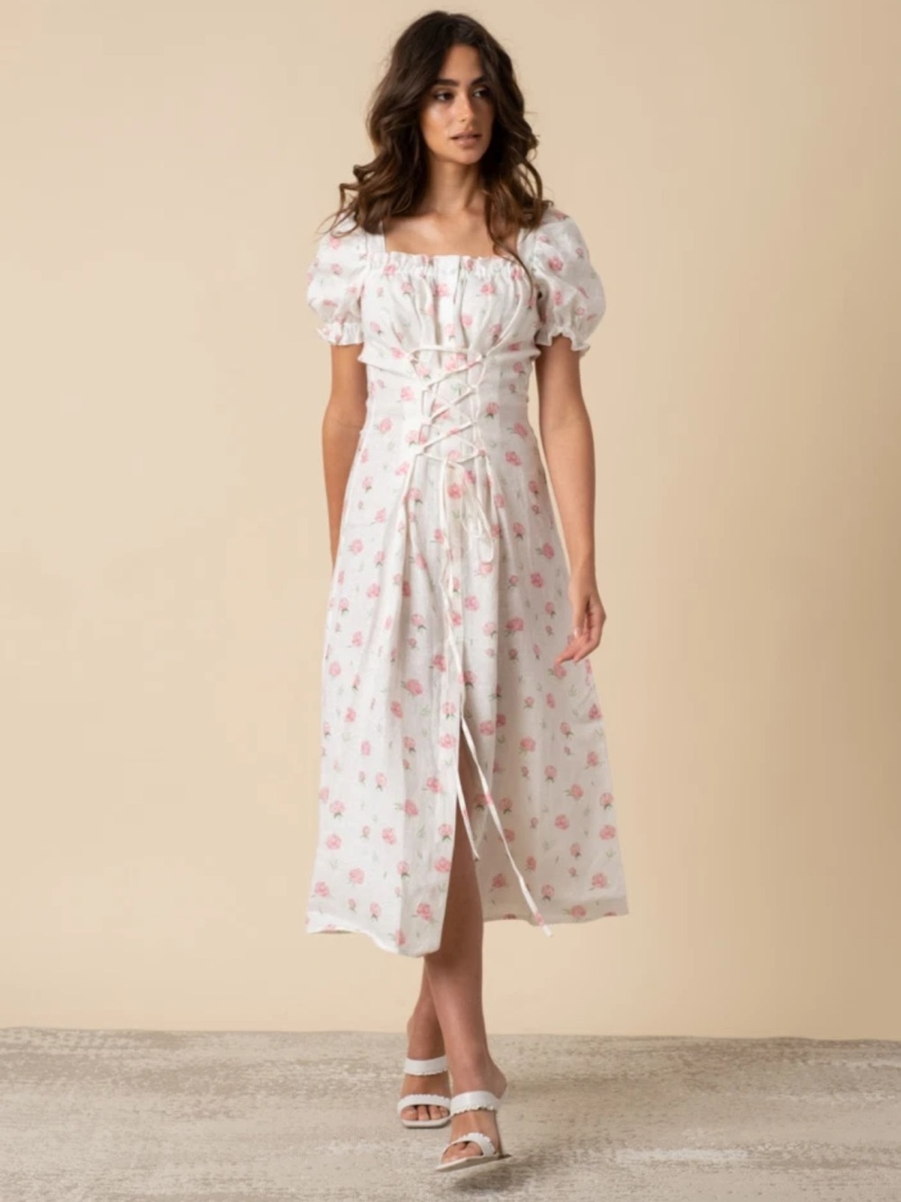 SLEEPER MARQUISE LINEN Midi DRESS IN ROSES White & Pink Large